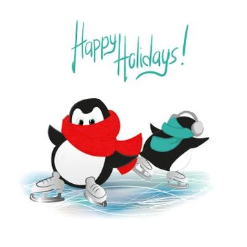 Skating penguins happy holidays vector card, first time skating Stock Illustration