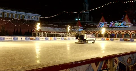 Skating rink on red square clean of snow new year's eve Stock Footage 67395726