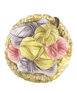 Skein of knitting thread, ball of yarn in crocheted wicker basket Watercolor Stock Illustration
