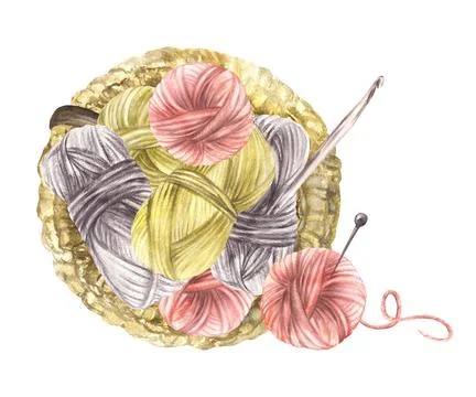 Skein of knitting thread needles, ball of yarn with handmade basket. Watercolor Stock Illustration