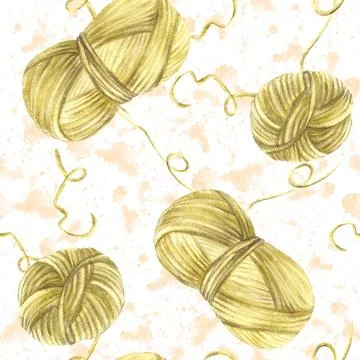 Skein of knitting thread seamless pattern. Ball of yarn. Watercolor splashes Stock Illustration