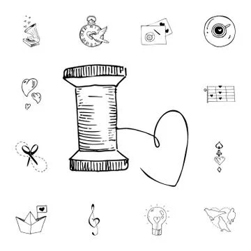 Skein of thread, heart, needle flat vector icon in valentine sketch pack Illustrazione stock