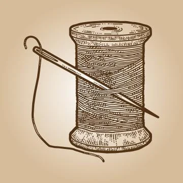 Skein thread with a needle for sewing isolated. Engraving sketch scratch board Stock Illustration