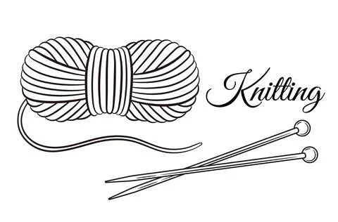 Skein wool yarn, ball thread and knitting needles, knit handmade hobby line icon Stock Illustration