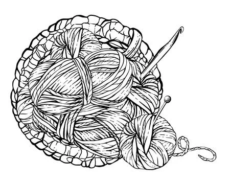 Skeins of knitting thread, ball of yarn in crocheted wicker basket. Vector ink Stock Illustration