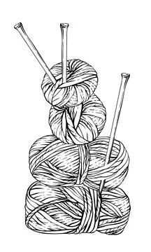Skeins of knitting thread, balls of yarn, knitting needles. Vector ink line イラスト素材