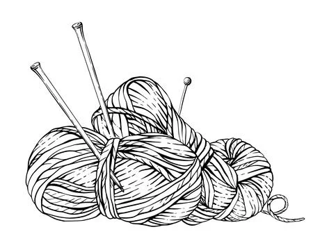 Skeins of knitting thread with knitting needles, pins. Vector line art hand Stock Illustration