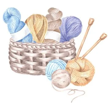 Skeins of yarn and tangles of threads in basket, wooden knitting needles Stock Illustration
