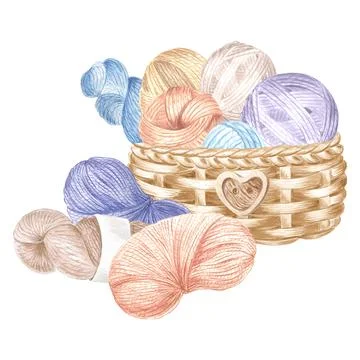 Skeins of yarn and tangles of threads in wicker basket. Watercolor illustration Stock Illustration