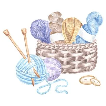 Skeins of yarn and tangles of threads in basket, wooden knitting needles Stock Illustration
