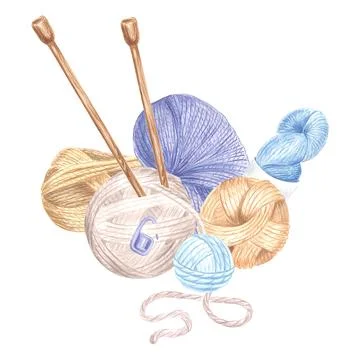 Skeins of yarn and tangles of threads ,wooden knitting needles. Watercolor Stock Illustration