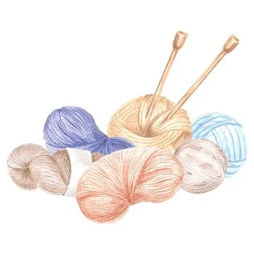 Skeins of yarn and tangles of threads ,wooden knitting needles. Watercolor Stock Illustration