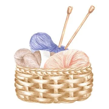 Skeins of yarn and tangles of threads in basket, wooden knitting needles Stock Illustration