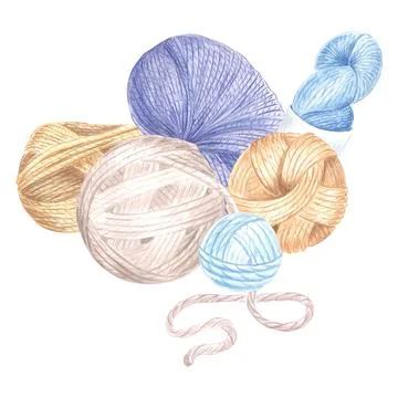 Skeins of yarn and tangles of threads. Watercolor composition.Template Stock Illustration