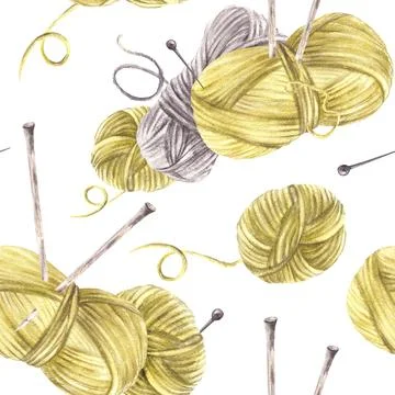 Skeins of yarn with knitting needles, threads. Watercolor hand drawn seamless Stock Illustration