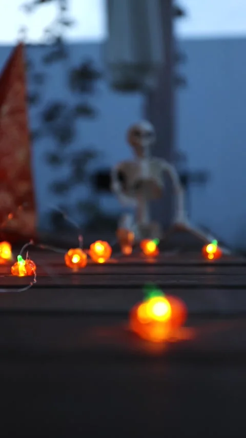 Skeletal Figurine on a Wooden Deck with Pumpkin Lights - Authentic Outdoor Stock Footage 344039733