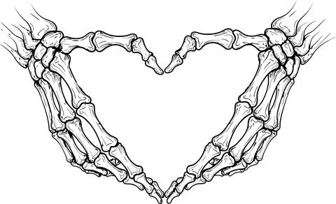 Skeletal hands form a heart shape against a clean white background, creating  Illustrazione stock