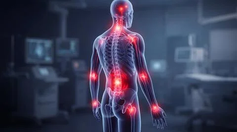Skeletal system visualization with red inflammation points in medical labor.. Stock Illustration