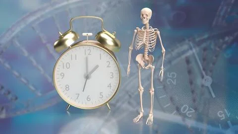 The skeleton and alarm clock for sci or medical concept 3d rendering.. Foto stock