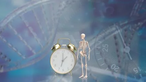 The skeleton and alarm clock for sci or medical concept 3d rendering.. Stock Photos