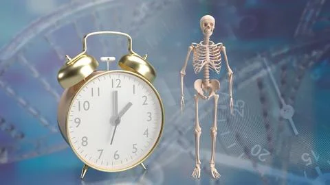 The skeleton and alarm clock for sci or medical concept 3d rendering.. Stock Photos