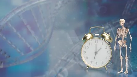 The skeleton and alarm clock for sci or medical concept 3d rendering.. Foto stock