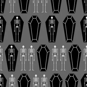 Skeleton and coffin pattern seamless. Dead Man in a tomb background. Vector t Illustrazione stock