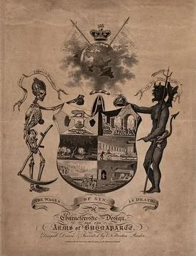 A skeleton and a devil flank a coat of arms. Etching, 1807. Stock Illustration