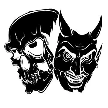 Skeleton and devil head mascot vector illustration black silhouette Stockillustratie