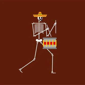 Skeleton and drum. Dead man with musical instrument. Dead music band. Skull i Stock Illustration
