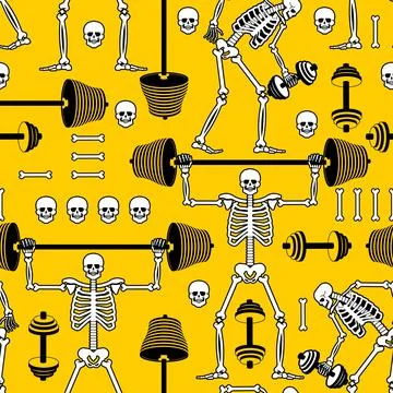 Skeleton and dumbbell pattern seamless. Skeletons and barbell and kettlebel.. Stock Illustration