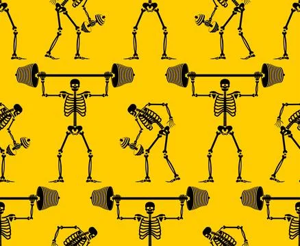 Skeleton and dumbbell pattern seamless. Skeletons and barbell and kettlebel.. Illustrazione stock