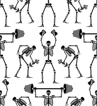 Skeleton and dumbbell pattern seamless. Skeletons and barbell and kettlebel.. Stock Illustration