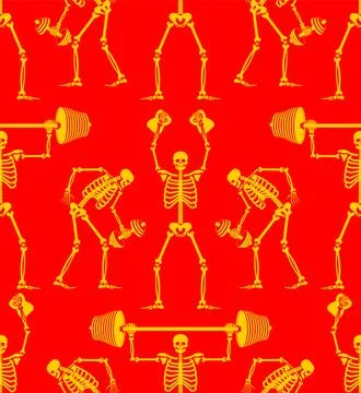 Skeleton and dumbbell pattern seamless. Skeletons and barbell and kettlebel.. Stock Illustration