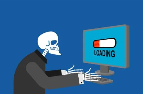 Skeleton and PC long loading. Slow work computer froze vector illustration Stock Illustration