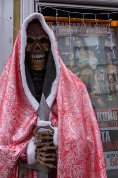 Skeleton in a bathrobe for Halloween Stock Photos