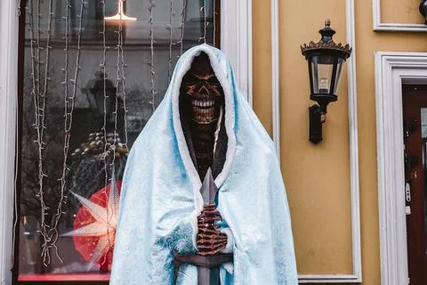 Skeleton in a bathrobe for Halloween Stock Photos
