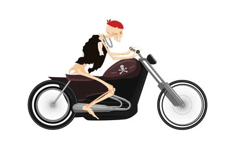 Skeleton biker on motorcycle. Dead man in bandana rushes on vintage chopper Stock Illustration