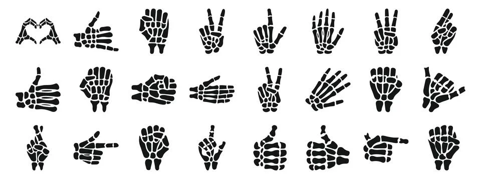 Skeleton bone gesture icons set. Skeleton hands making gestures, from heart.. Stock Illustration