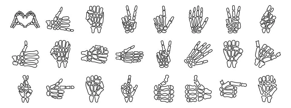Skeleton bone gesture icons set. Skeleton hands making various gestures, in.. Stock Illustration