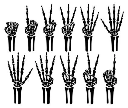 Skeleton bone hand counting number of fingers sign illustrations. Illustrazione stock