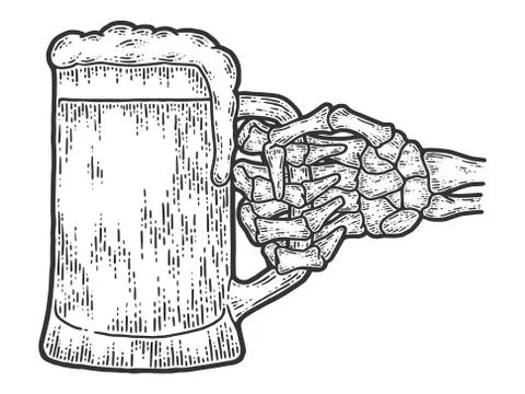 Skeleton bone hand holds beer. Sketch scratch board imitation. Stock Illustration
