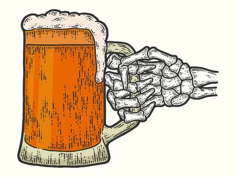 Skeleton bone hand holds beer color. Sketch scratch board imitation. Stock Illustration