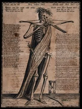 A skeleton with bow and arrow. Etching attributed to Gerhart Altzenbach, 16-- Stock Illustration