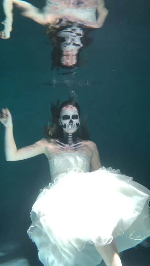 Skeleton Bride under the Water. Halloween Concept Stock Footage 142050822