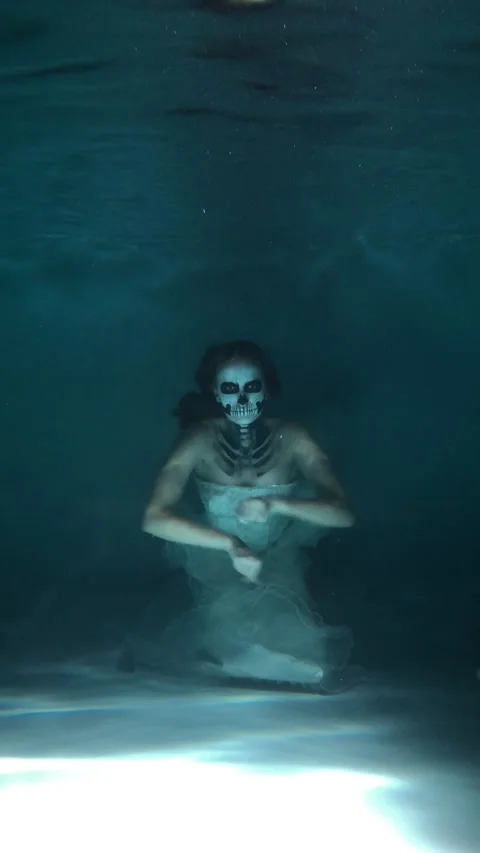 Skeleton Bride under the Water. Halloween Concept Stock Footage 142050843