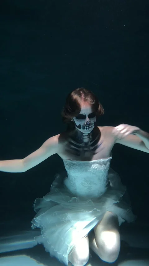Skeleton Bride under the Water. Halloween Concept Stock Footage 142050861