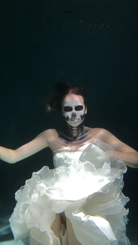 Skeleton Bride under the Water. Halloween Concept Stock Footage 142050863