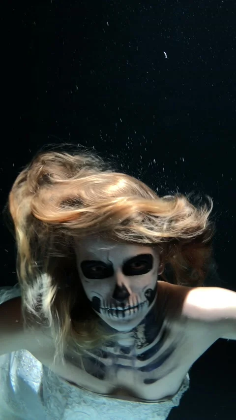 Skeleton Bride under the Water. Halloween Concept Stock Footage 142050873