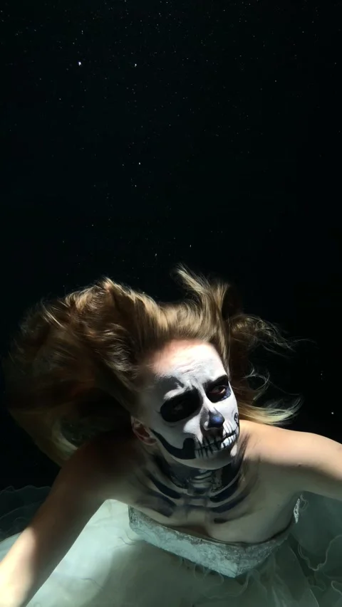 Skeleton Bride under the Water. Halloween Concept Stock Footage 142050897